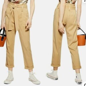 Topshop Rory paperbag waist utility trousers cuffed crop pants in beige
